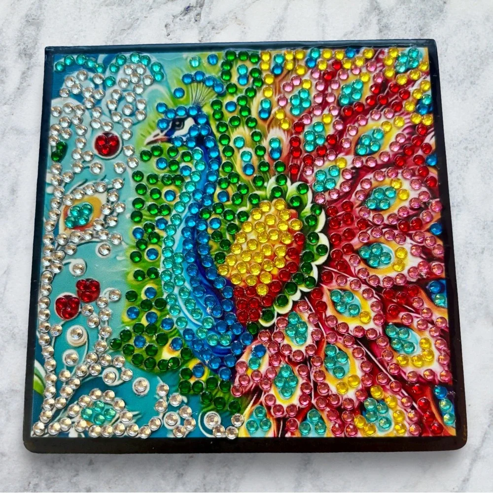 Colorful Hand Crafted Diamond Art Peacock Desk Organizer Set